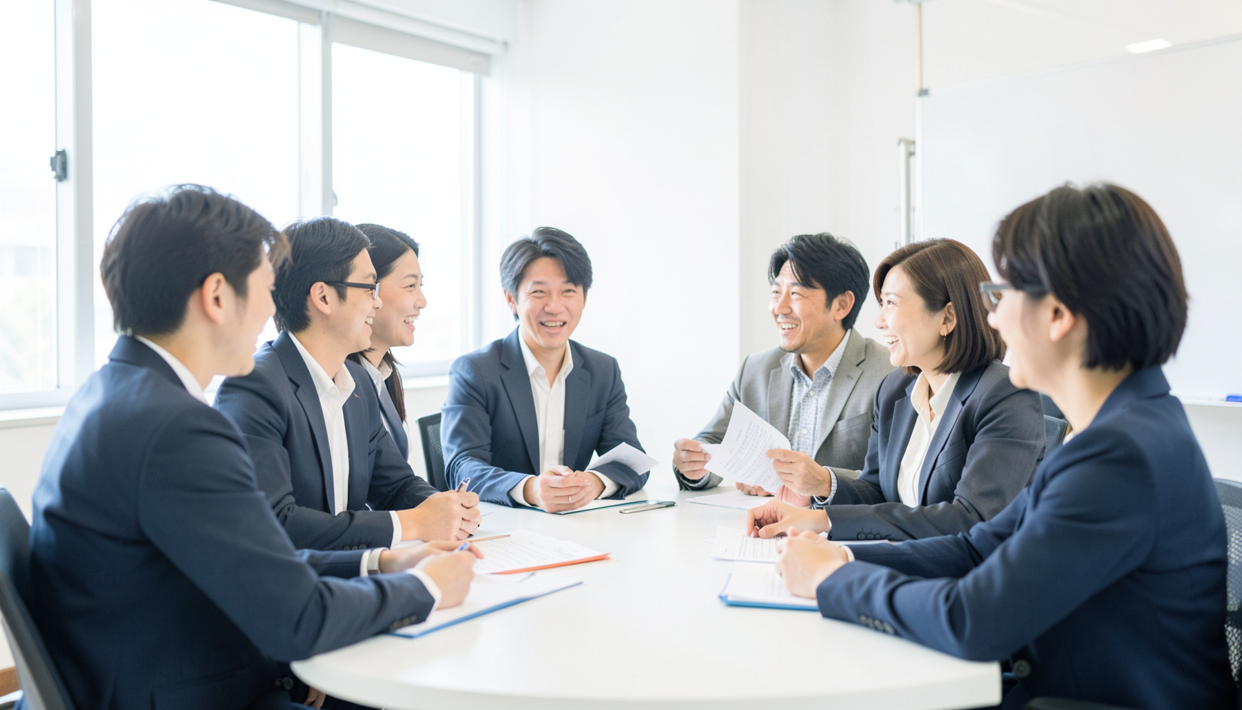明るい会議室で資料を手にした労務担当者たちが白いテーブルを囲み、柔らかな自然光の中で話し合っている、青と白を基調にした落ち着いた雰囲気の写真